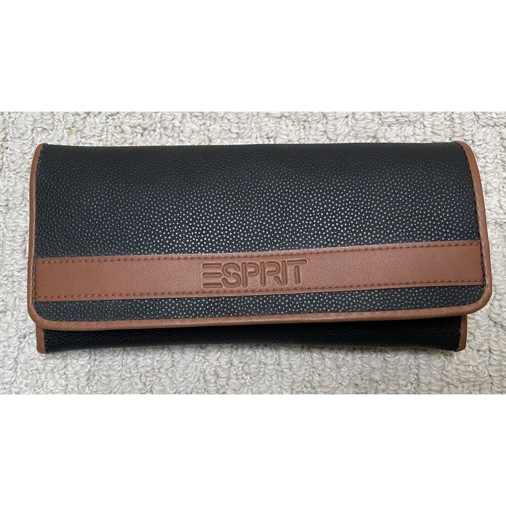 VTG Esprit Black Brown Faux Leather Bi-Fold Wallet NOS 7.5 x 4" NEW